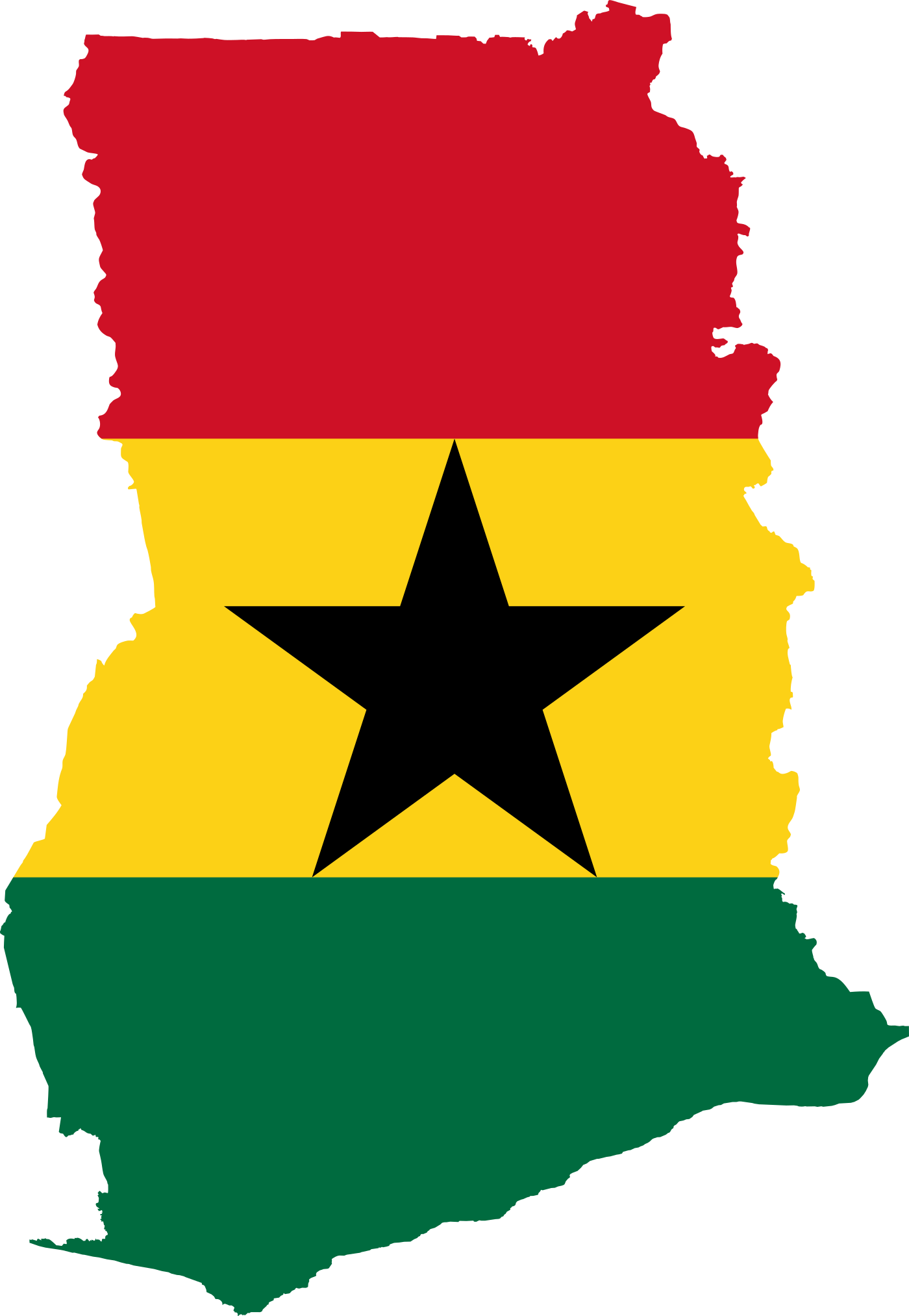 Silhouette of Ghana with its red, gold and green national colours and black star