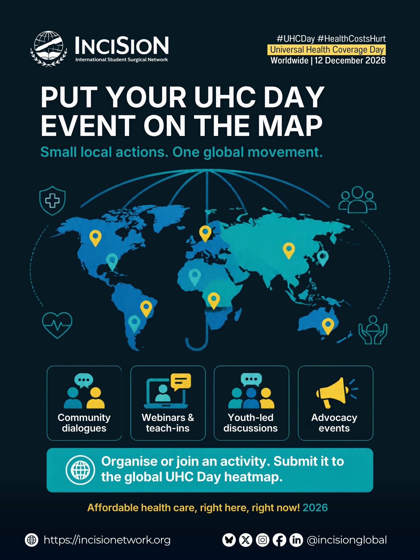 InciSioN campaign graphic encouraging organizers to put UHC Day events on the global heatmap
