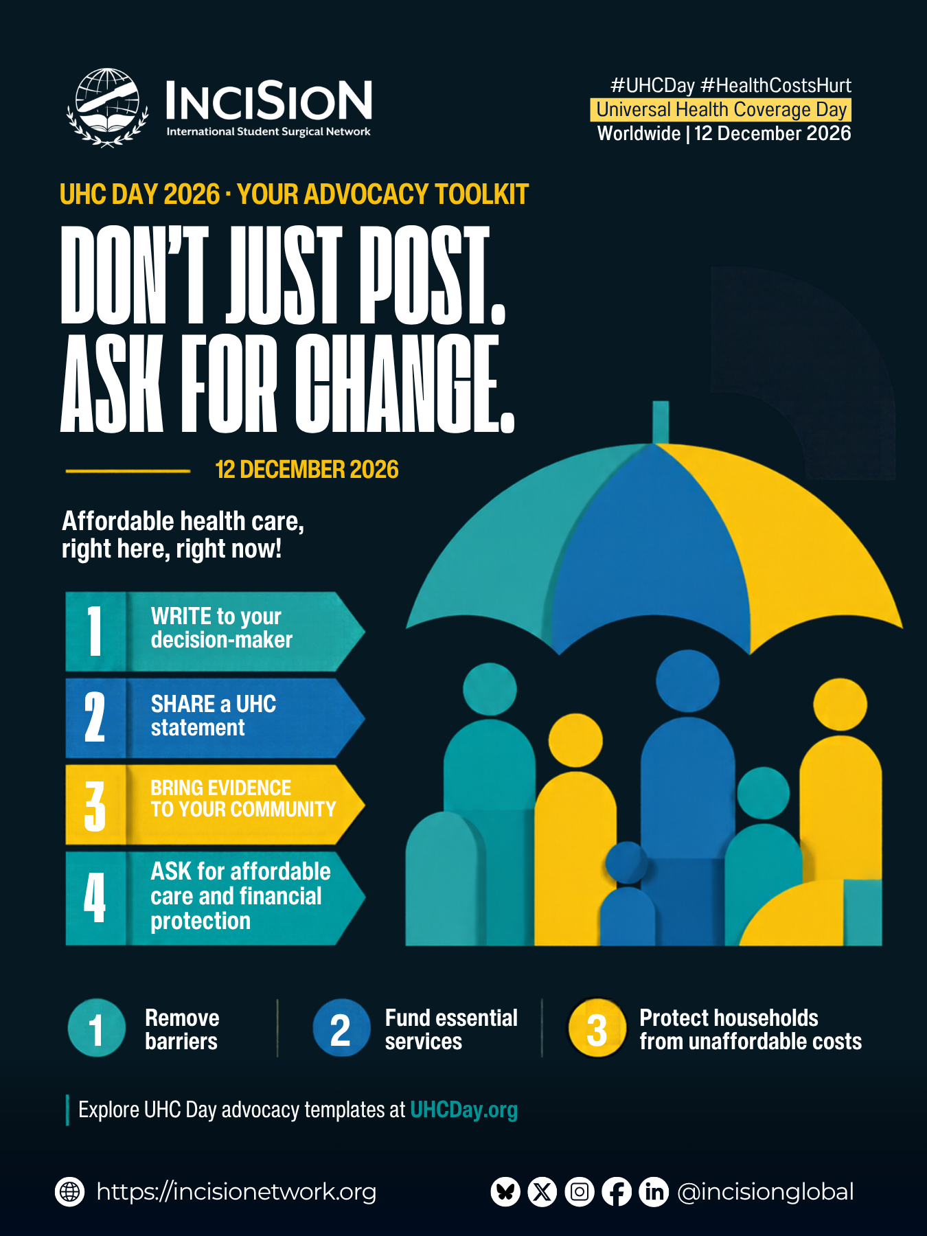 InciSioN UHC Day advocacy graphic: do not just post, ask for change