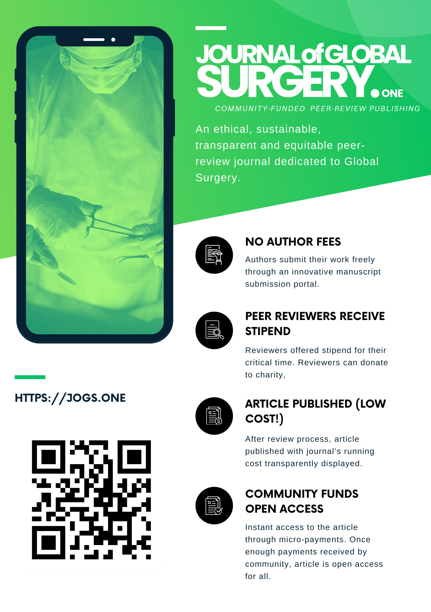 JoGS green publication visual introducing its fee-free author submission and community-funded model